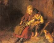 Two Children Playing With Rabbits - 菲利克斯·施莱辛格